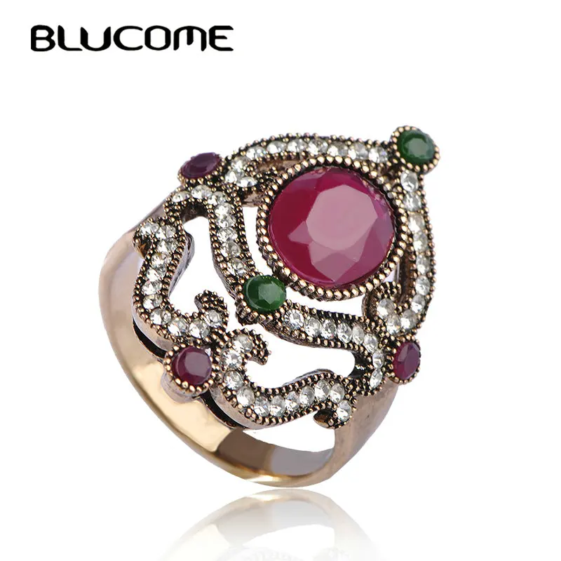 Blucome New Turkish Style Green Flower Wide Ring Resin Crystal Women Engagement Rings Wedding Party Finger Accessories Bijoux | Украшения и
