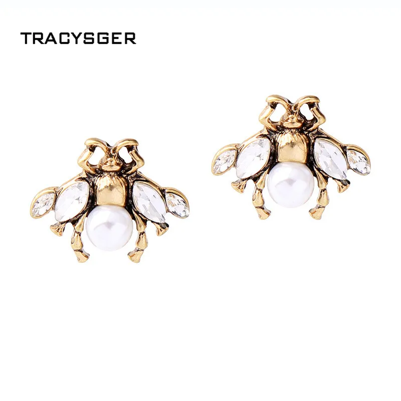 AB ed01480b/TRACYSGER/Ретро пчелы простой Джокер жемчуг насекомое серьги|pearl pearls|earrings
