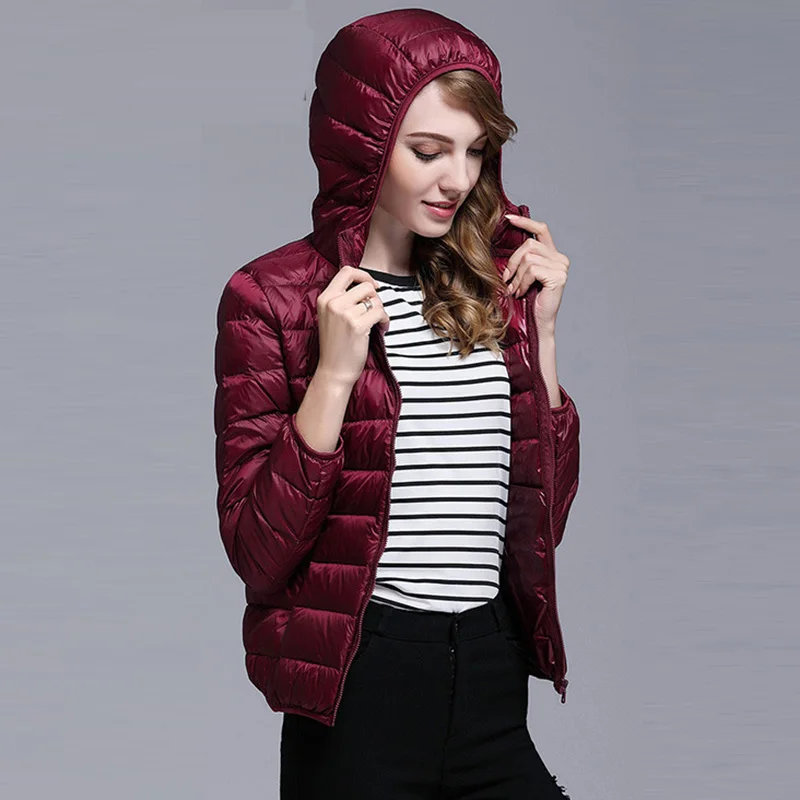 

Ultra Light Women Down Coats Short Thin Hooded Slim Warm Down Jackets Winter Female Plus Size 3XL White Duck Down Coat FP0228