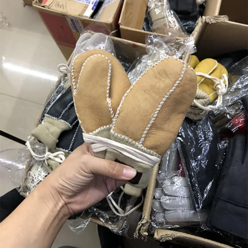 sand Новые детские толстые теплые варежки из натурального овечьего меха цельные перчатки из натуральной кожи зимние - Цвет: sand