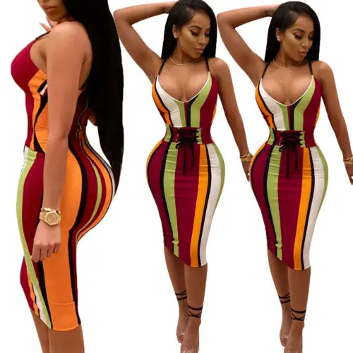 

Fashion Sexy Women Sleeveless Party Club Mini Dress Striped Cross-Tied V-Neck Sexy Dresses