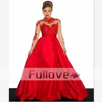 gorgeous red long sleeve crystal satin evening dresses 2019 high v neck see through formal pary gown vestido de festa kaftan
