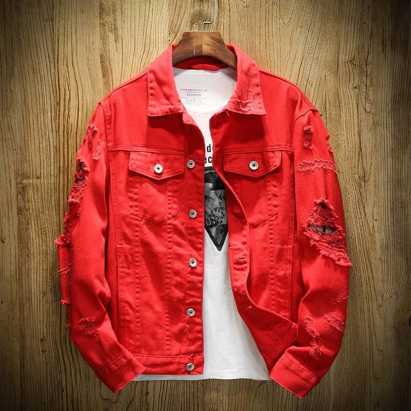 Осенняя Новая мужская джинсовая куртка Slim Fit хлопковая Красный Белый Черный