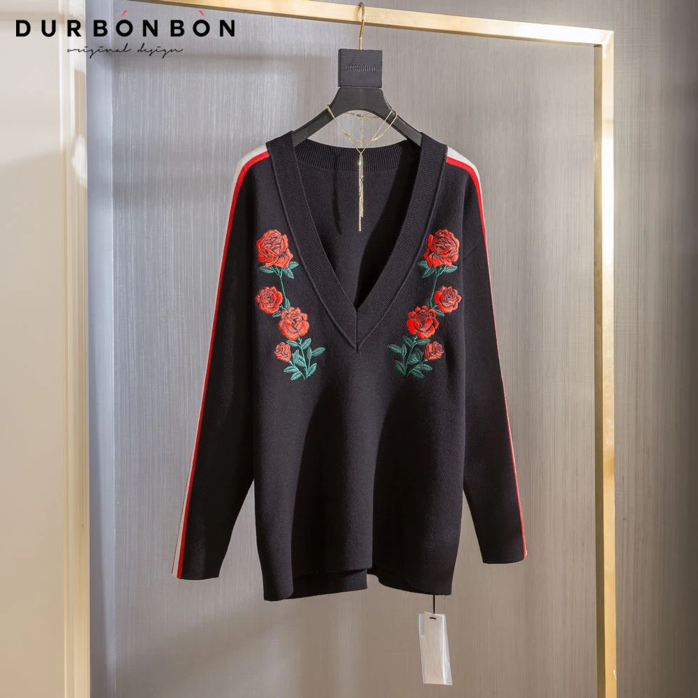 Дурь Бонбон осень 2017 г. Новинка зимы v-образным вырезом Роза Вышивка Blended вязаный