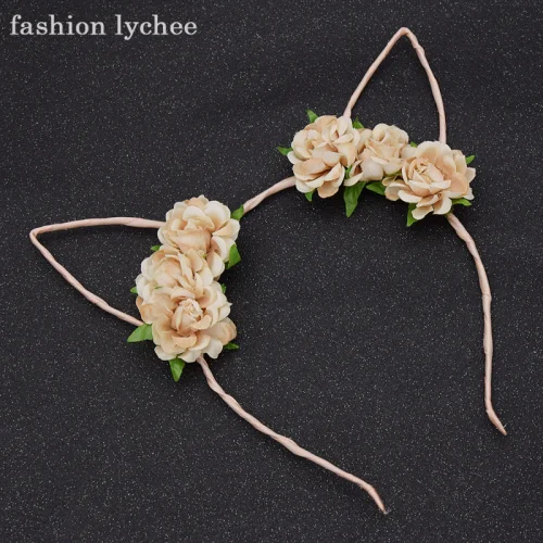 Light brown Мода Личи милые кошачьи ушки повязка на голову красивый цветок милые девушки женщины Регулируемая лента для волос аксессуары для волос - Окраска металла: Light brown