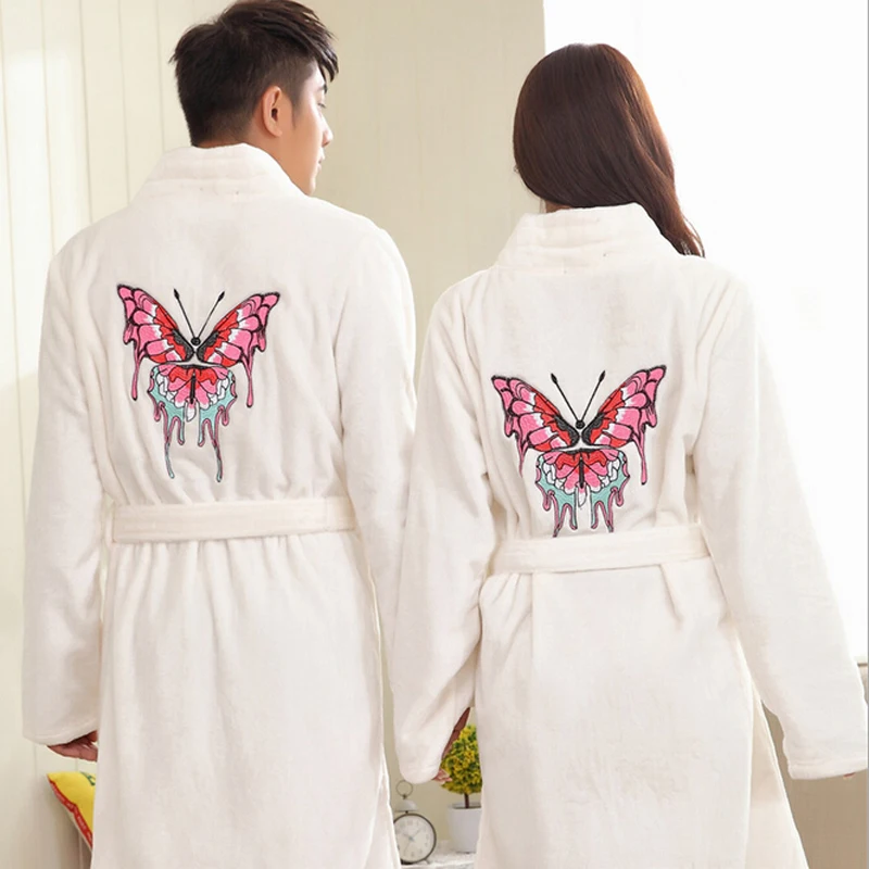 

Winter Flannel Bathrobe Women Men Butterfly Embroidery Couple Bath Robe Sleepwear Long Nightgown Dressing Gown Kimono Homewear