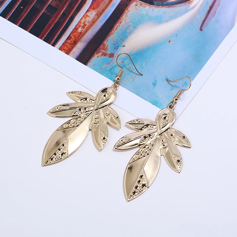 FLDZ Leaves long fashion temperament earrings Metal personality style Exaggerated female Creative drop jewelry gifts | Украшения и