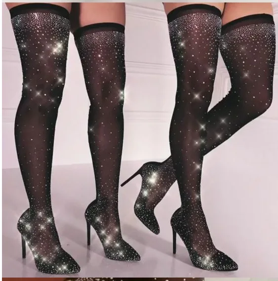 Botines Mujer/ г. женские сапоги из эластичной ткани со стразами пикантная обувь с острым носком на высоком каблуке, для ночного клуба, для подиума, на высокой шпильке