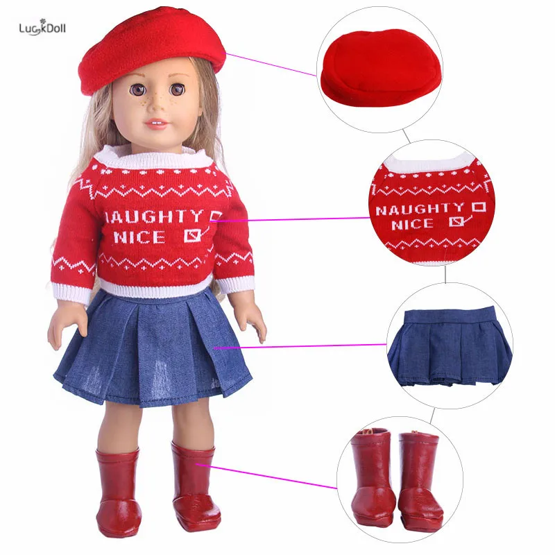 LUCKDOLL Красный Модный комплект шапка + свитер юбка сапоги для 18 дюймовые аксессуары