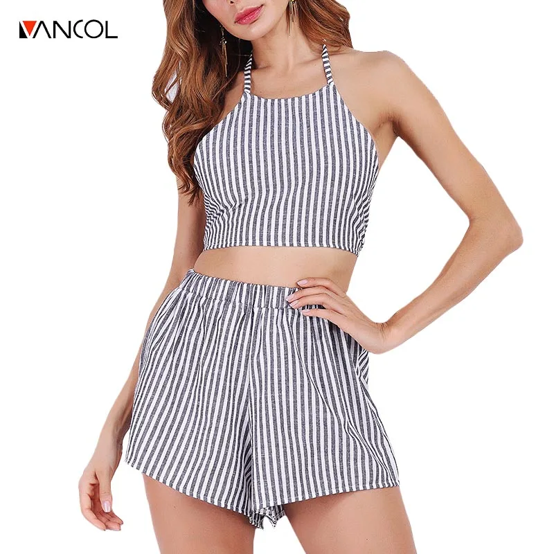 Vancol повседневная летний пляж 2 шт. набор женщин короткий рукавов полосатый холтер