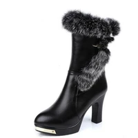 hot 2021 new high end real rabbit fur cowhide winter shoes woman boots high heels matte leather boots fashion warm snow boots
