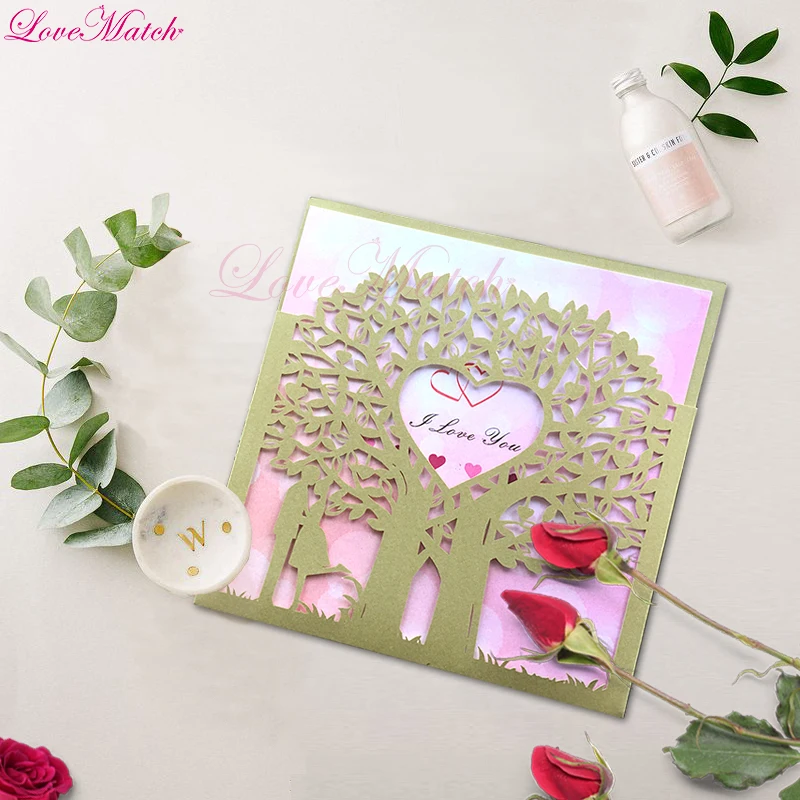 50pcs/lot Laser Cut Lovers Tree Heart Invitation Card for Wedding Guest Greedting Cards Can Be Customized Party Supplies |
