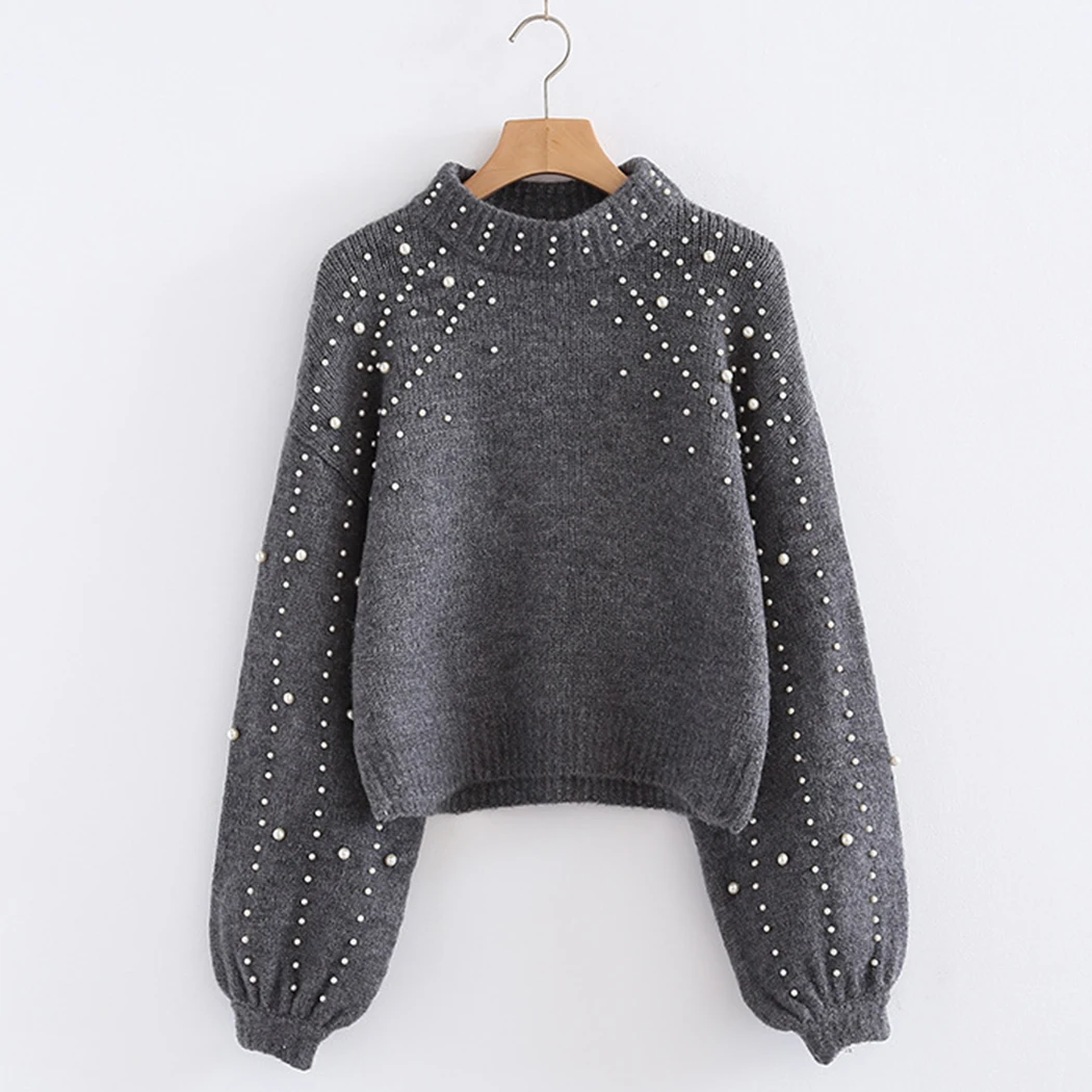 Casual Winter Warm Soft Turtleneck Knitted Sweaters Women Lantern Sleeve Pearl Beading Jumper Sweater Female Loose Gray Pullover | Женская