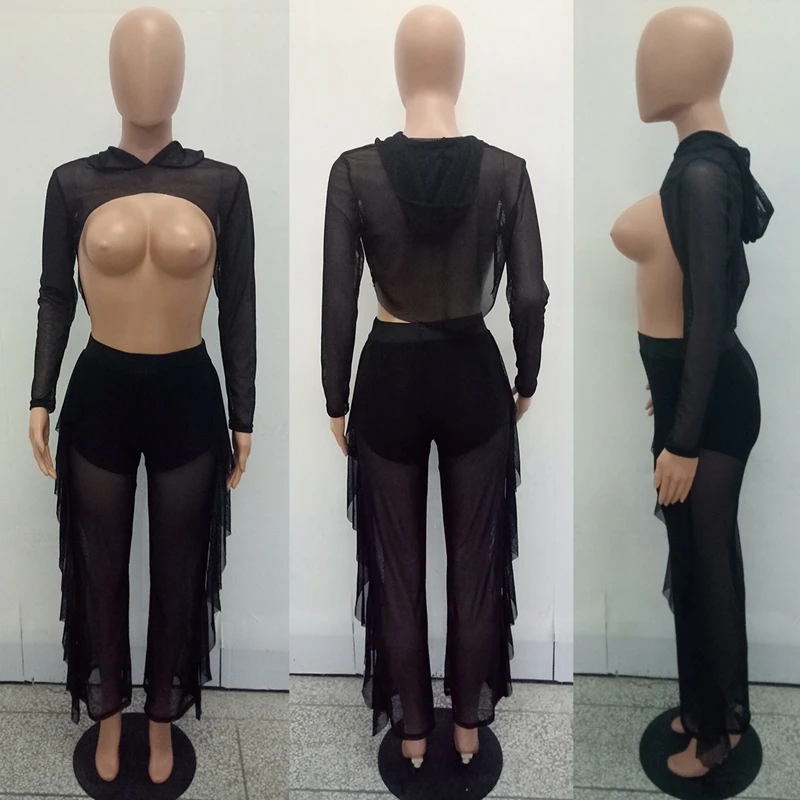 2 шт. комбинезон летний Для женщин с длинным рукавом сетки Hooded Crop Топы