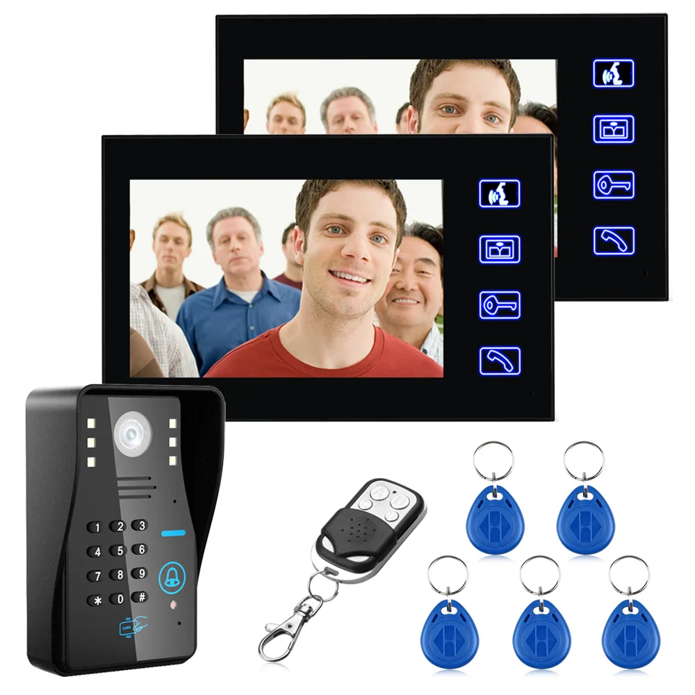 

7" Two Monitors RFID Password Video Door Phone Intercom Doorbell With HD IR Camera 1000 TV Line Remote Access Control System