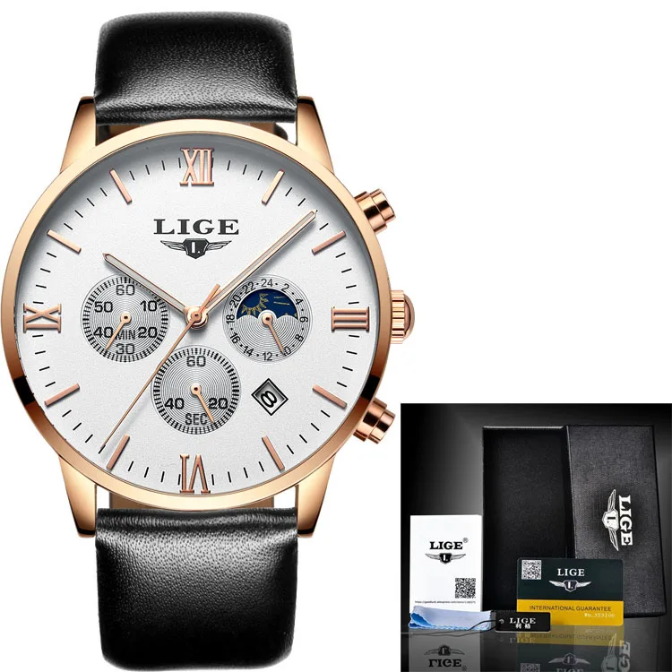 Мужские часы Топ бренд класса люкс LIGE Moon Phase полностью стальные часы мужские бизнес Модные кварцевые часы мужские спортивные часы Relogio - Цвет: L gold white