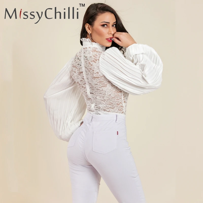 MissyChilli белый кружевной Цветочный прозрачный боди для женщин летний фонарь рукав боди женские Сексуальные Высокая Шея оборками комбинезон