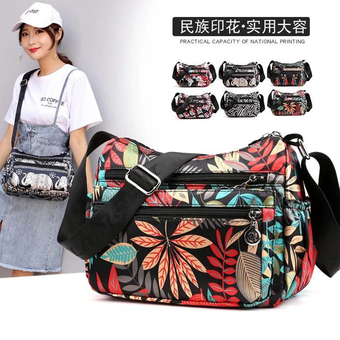 

New printed diagonal nylon Oxford single shoulder bag for ladies with large capacity and multi-compartment light travel bag
