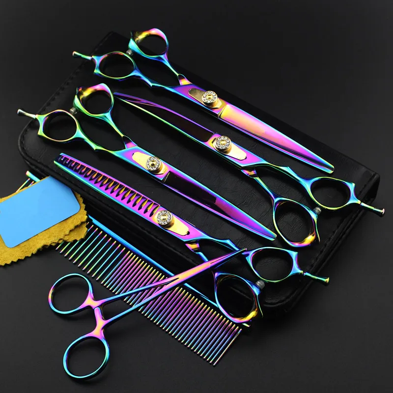 6 kit Professional Japan 7 inch rainbow pet grooming hair scissors set cutting shears dog thinning barber hairdressing scissors