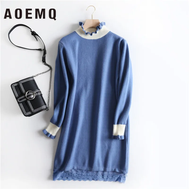 AOEMQ Mesh Lace Stitching Contrast Color Retro Loose Wood Ear Half-high Collar Middle Long Bottom Knit Sweater Dress | Женская одежда