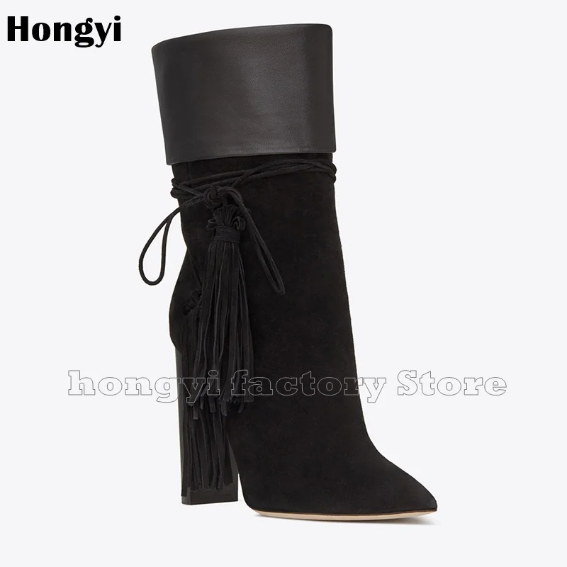 

Fashion Suede PU Leather European Style Fringe Designer Boots Women Tassel Pointed Toe Mid-calf Gladiator Boot Black Winter Shoe