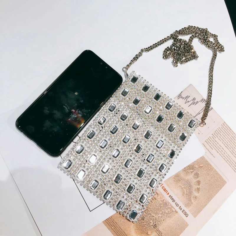 

2019 Spring New Fashion Women Phone Crossbody Bag Shining Rhinestone Shoulder Bag Soft Mini Phone Bags With Chain