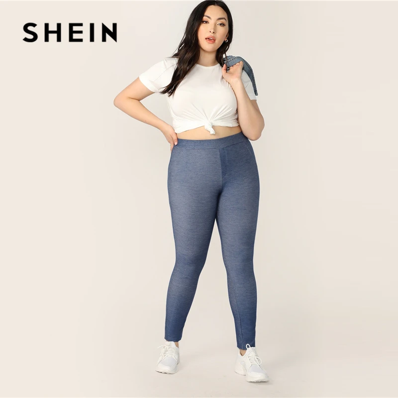 SHEIN Леггинсы Размера Плюс С Высокой Талией Женские Синие Спортивные Леггинсы
