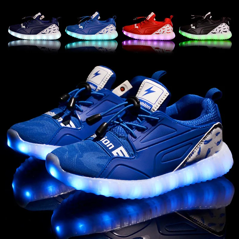 LED Children Shoes With Light For Boys Lighted Girls Sports Kids USB Charge Breathable Glowing Sneakers 20 | Детская одежда и