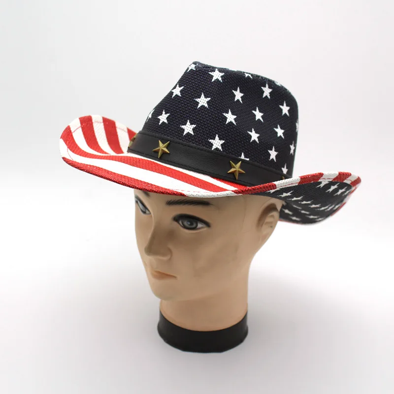 

Welcomed Panama Straw Hats Summer Beach Mexican Cowboy Hat with USA Flag Print Logo Hi-Q Western Cowgirl Hat GH-340