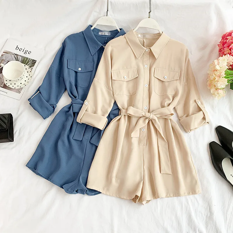 

Women's summer short sleeve chiffon Playsuits Lady's turn down collar Wide leg shorts beach vacation Jumpsuits TB1053