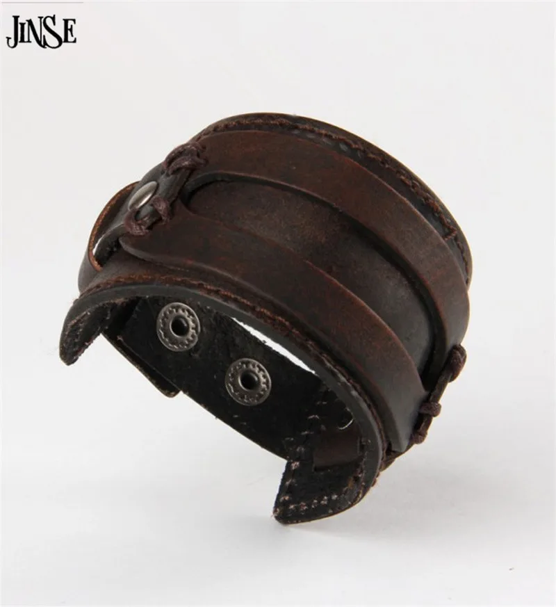 JINSE модный широкий браслет из натуральной кожи для мужчин ручной работы