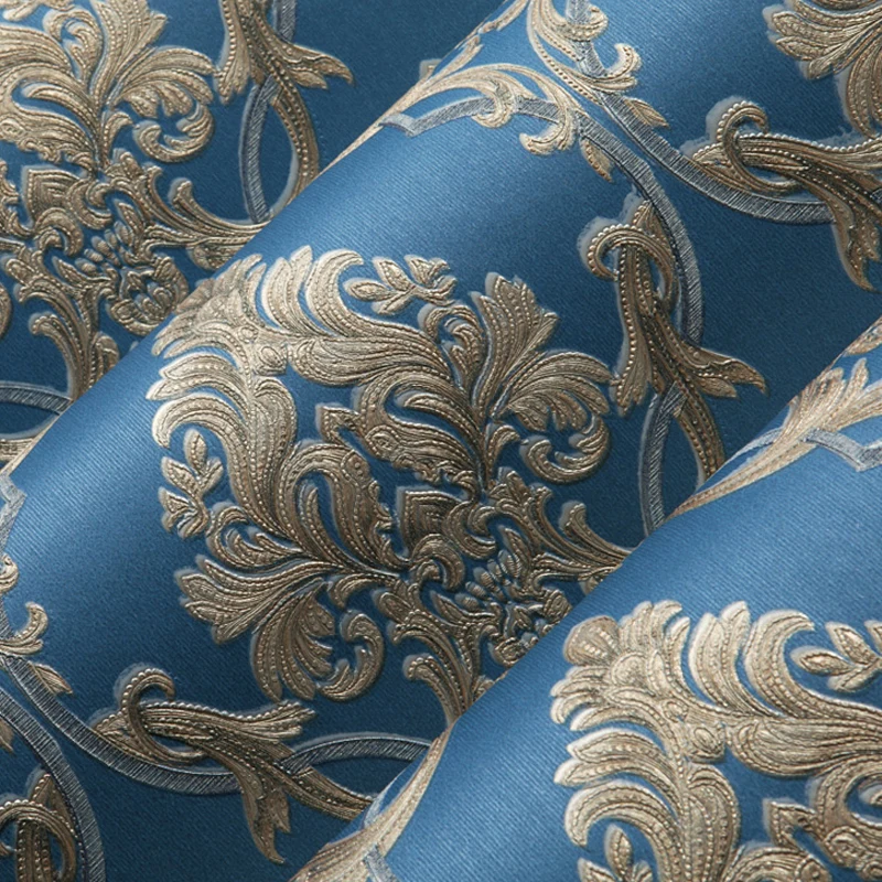 Papier peint European Damask Wall Papers Home Decor Flower Blue Wallpaper Roll for Living Room Bedroom Walls Mural 3D behang on - Обои European Damask для домашнего декора с цветочным узором и синим фоном, в рулоне, для гостиной и спальни, с 3D-эффектом.