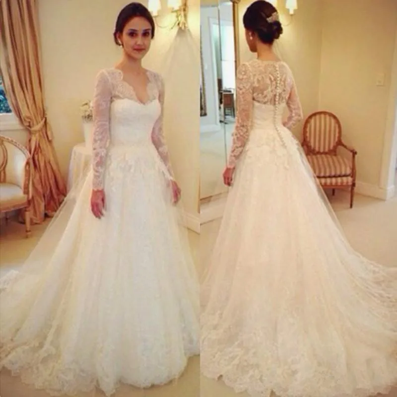 

Charming V Neck Long Sleeves Sweep Train Lace Wedding Dresses Elegant Covered Button v-neck Illusion Princess abiti da sposa
