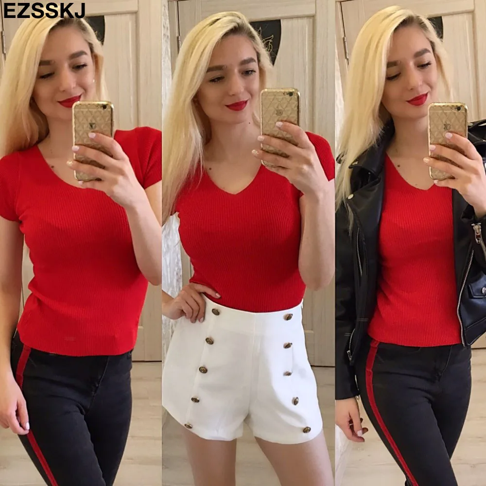 Женская трикотажная футболка с коротким рукавом однотонная облегающая v