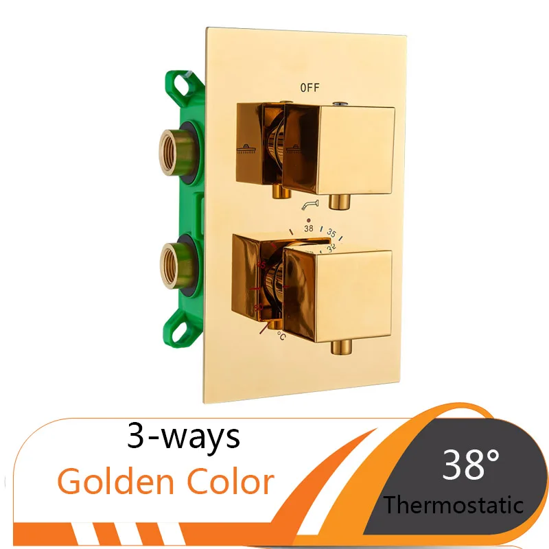 Golden 3-ways Хромированный термостатический смесительный клапан с двойной ручкой контроль температуры душа Contral клапан со скрытой коробкой кран картридж - Цвет: Golden 3-ways