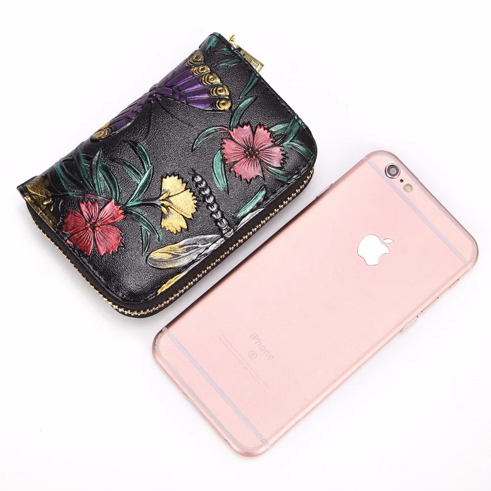 

High Quality Genuine Embossed Leather Women Short Wallet Coin Pocket Flower Pattern Organ Female Multi-Card Holder Money Purse