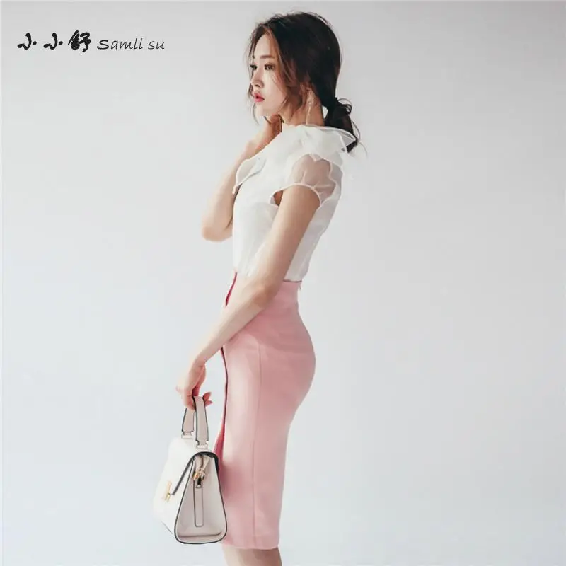 2 Piece Set Summer Office White Chiffon Women Sundress Bandage Vintage Sexy Bodycon Pink Pencil Dresses 2017 Vestidos De Festa | Женская