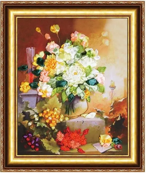 

Needlework,DIY Ribbon Cross stitch Sets for Embroidery kit, Stair Vase Daisy flowers Cross-Stitch handwork Home Wall Decor