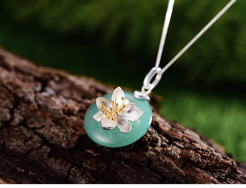 Lotus весело натуральная 925 пробы серебряные подвески для Для женщин круглый зеленый авантюрин серебряный брелок с цветами без Цепочки и ожерелья для девочек Gits