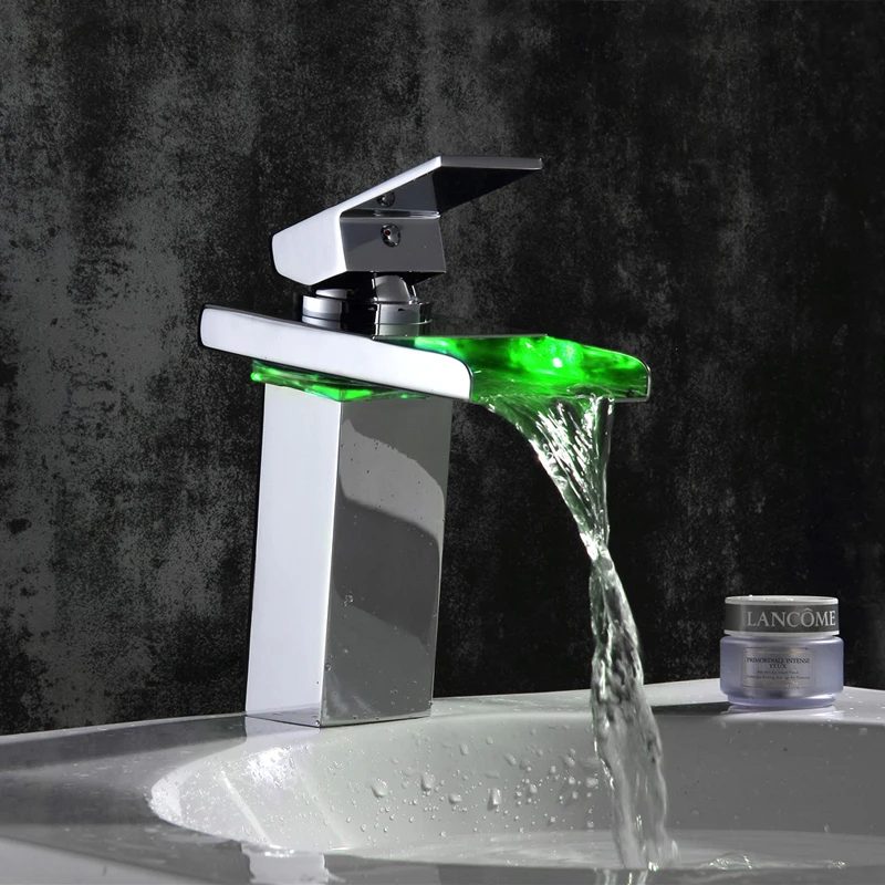 Смесители для умывальника LED Light Водопад кран Твердый латунный ванной