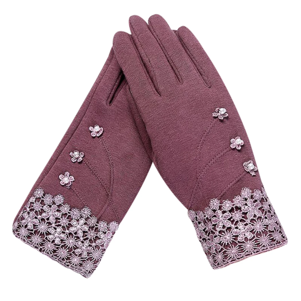 Winter Women Warm Gloves Lace Floral Cashmere Bow Full Finger Mittens Wrist Guantes Lady Hand Protector Accessories | Аксессуары для