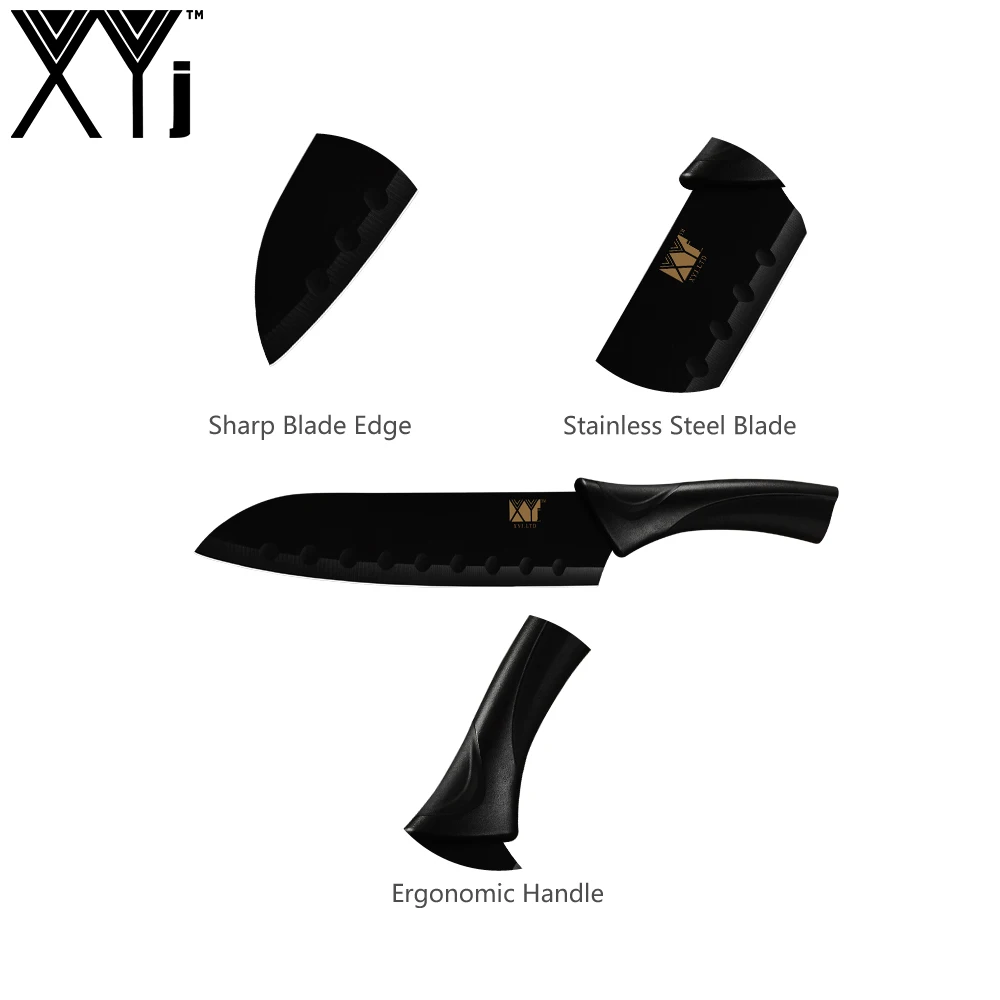 XYj Santoku кухонный нож из нержавеющей стали шеф повара лезвие черный ABS + TPR ручка