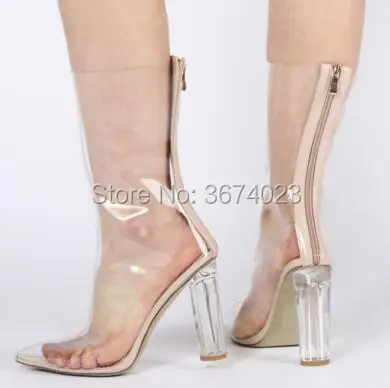 Qianruiti Plus size Eu 44 Women PVC Clear Half Boots Pointed toe Crystal Heel Sexy Transparent Perspex Jelly Rain | Обувь