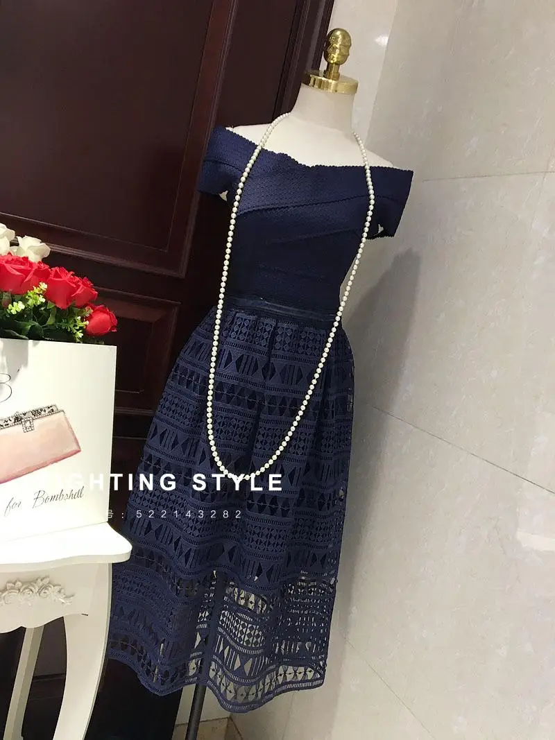 Твердые Кружева Полые женщин Повязку Слэш Шеи Сетка Выкл Шолдер Середины икры