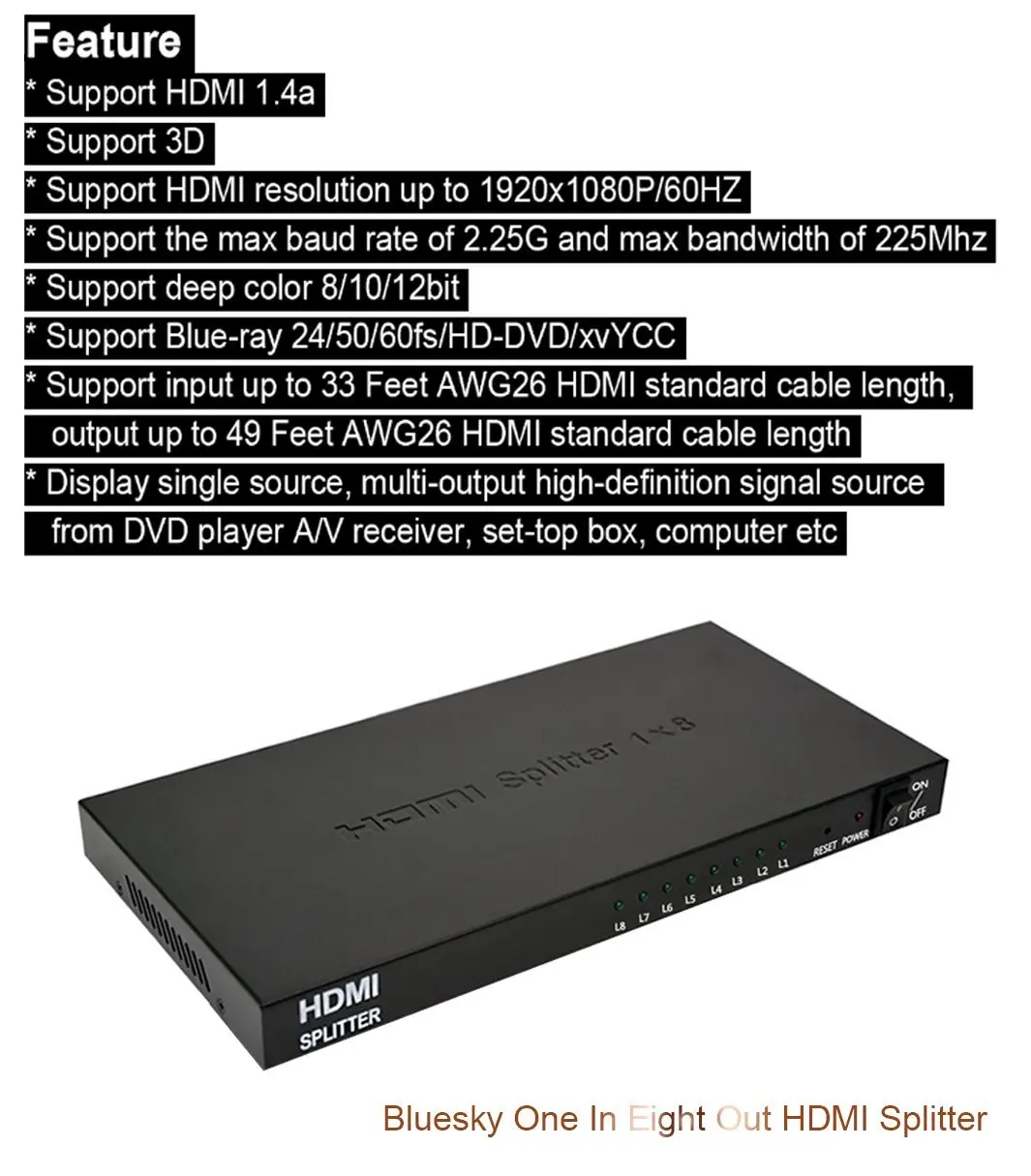 BESIUNI 1x8 HDMI сплиттер один в восемь выход HDMI сплиттер аудио видео дистрибьютор Усилитель Поддержка Full HD 3D 1080 P/60 Гц