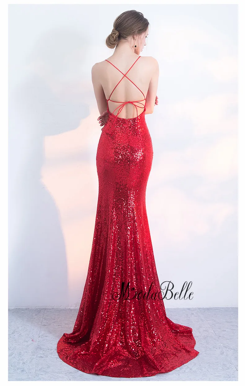 modabelle Simple Long Mermaid Red Prom Dress Backless Sexy Criss Cross Straps Glitter Sequin Evening Formal 2018 | Свадьбы и