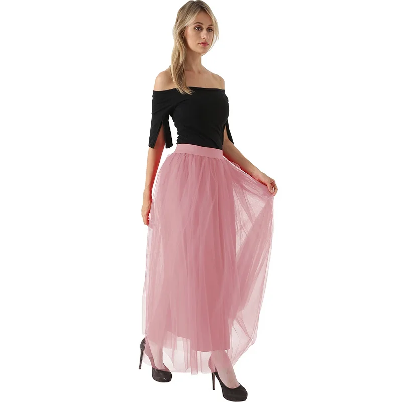 dusty pink Богемная юбка, фатиновые юбки, длинные женские макси юбки, 4 слоя, 100 см., Сетчатое Плиссированное Платье для подружек невесты, расклешенное, Saia Longa - Цвет: dusty pink