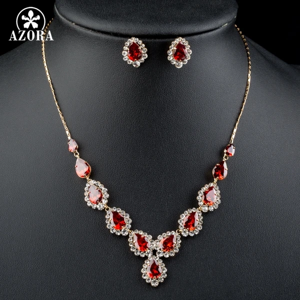 Подвеска и серьги гвоздики TG0149 с красным фианитом в форме капли воды|jewelry sets|set