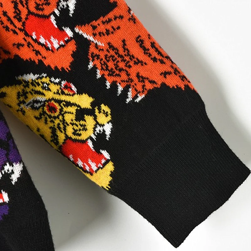 2018 New European And American Style Multicolor Tiger Head Knitted Sweater Straight Round Neck Female Thick Section | Женская одежда