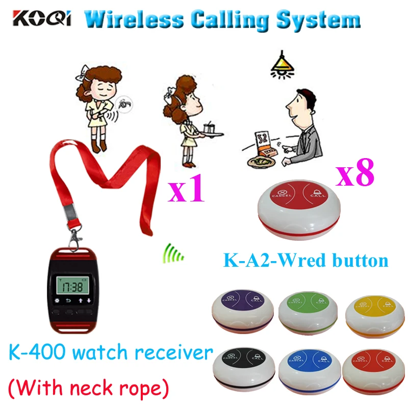 Wireless Waiter Call Bell Waiter Buzzer Pager System Hot Sales Restaurant Button Pager Equipment( 1pcs watch & 8pcs call button)